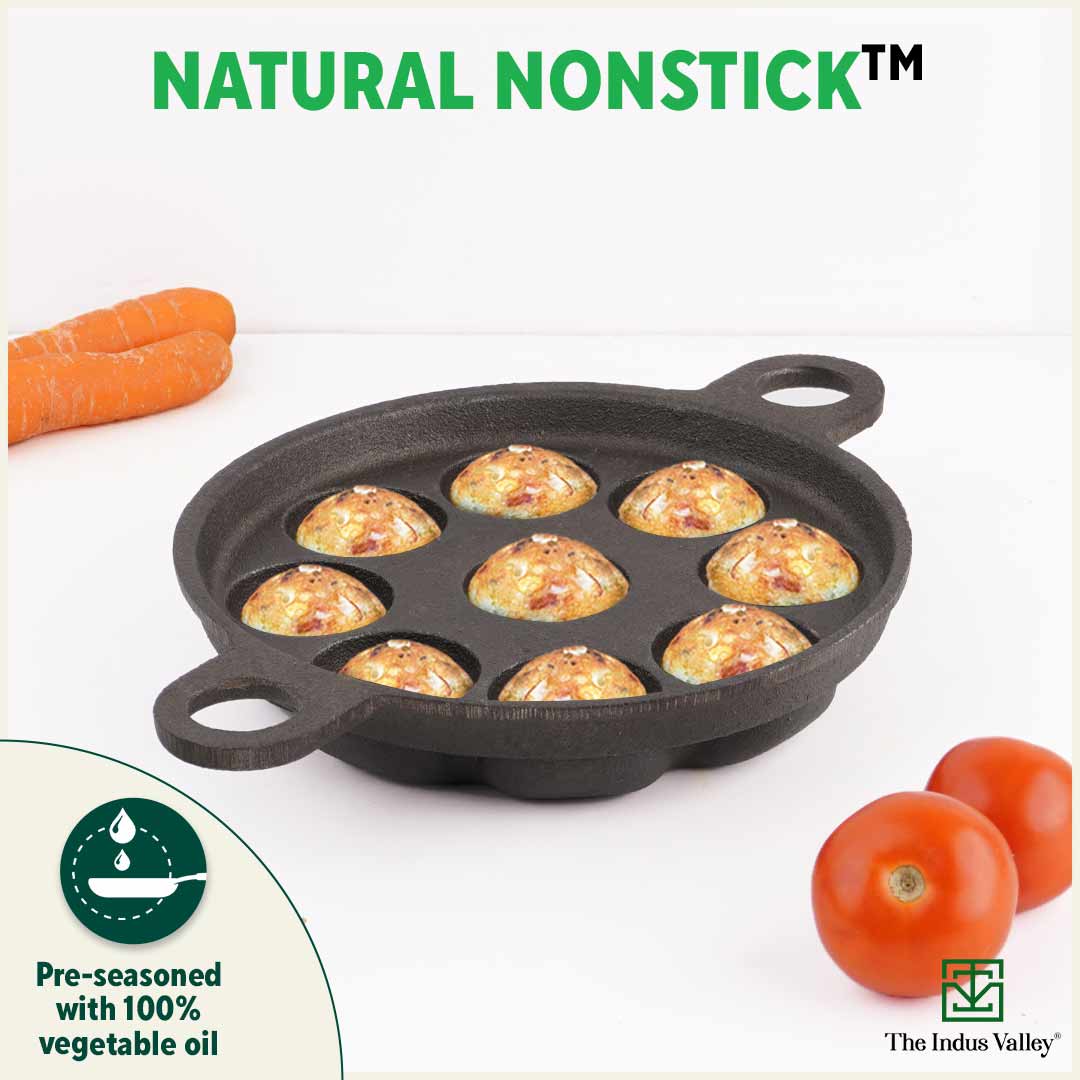 Super Smooth 9 Pit/Cup Cast Iron Paniyaram/Appe Pan+ Free Spatula, Pre ...